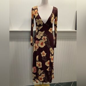 Free People Floral Maxi Dress Medium Burgundy Long Sleeve Open Back Slit NWT